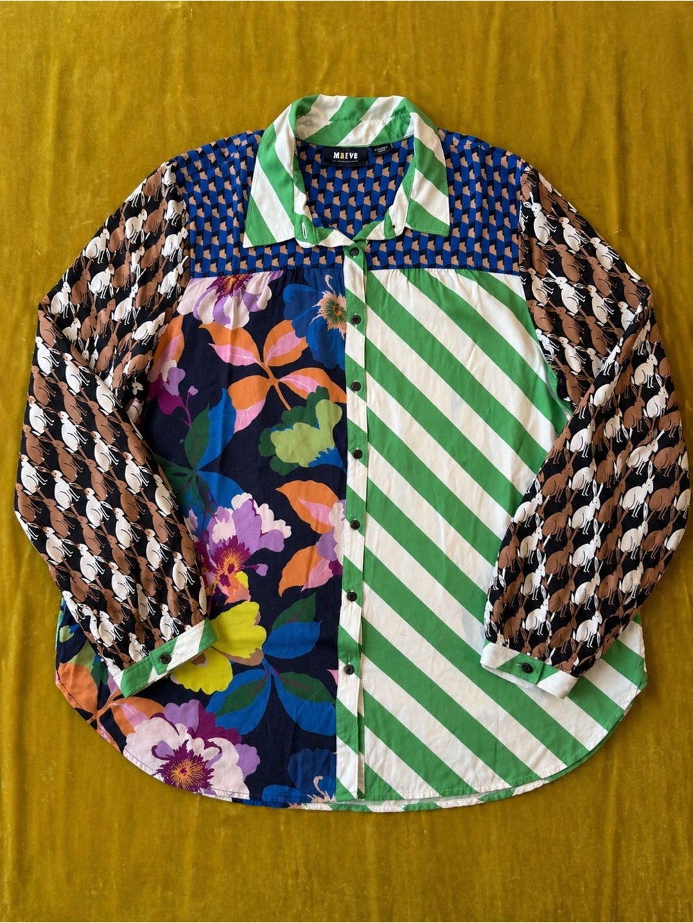 Anthropologie Maeve Green, White & Blue Patterned Button-Up Blouse